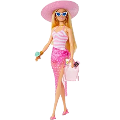Barbie HPL73 Blonde Doll With Swimsuit And Beach-themed Accessories BARBIE - HPL73 Blonde Doll with Pink and White Swimsuit, Sun Hat, Carry Bag and Beach Accessories, image