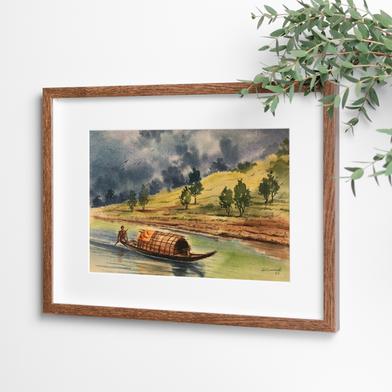 Boat and Hill Watercolor Painting - (16X13)inches image