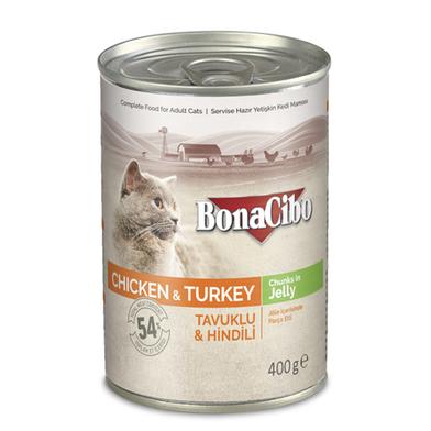 BonaCibo Canned Wet Cat Food Chicken and Turkey Chunks In Jelly 400g image