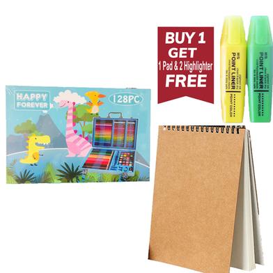 Buy 1 128pec Drawing/Painting Set Plastic Briefcase Box Get Drawing Pad And Two Highlighter Free image