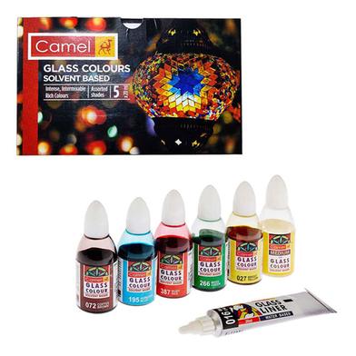 Camel Glass Colours Set (Solvent Based) 5 Colors 1pc Medium 1pc Liner for Glass Painting image