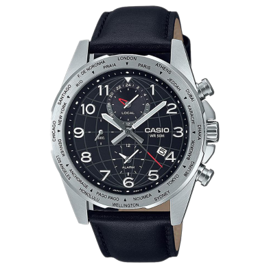 Casio Men’s World Time Black Dial Black Leather Watch image