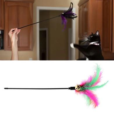 Cats Feather Stick Teaser with Bell Playing Wand Plastic Rod Training Funny Toy for Pet Kitten image