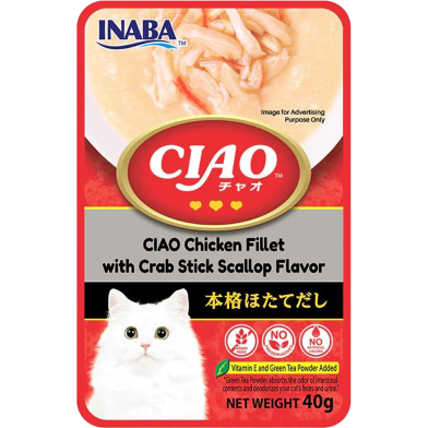 Ciao Clear Soup Chicken Fillet With Crab Stick Scallop Pouch Cat Food 40 gm image