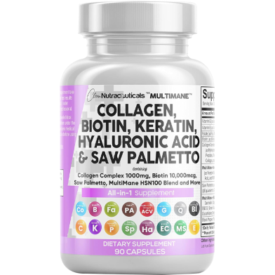 Clean Nutraceuticals Collagen Pills 1000mg Biotin 10000mcg Keratin Saw Palmetto Hyaluronic Acid - Hair Skin and Nails Vitamins and DHT Blocker - 90 Count image