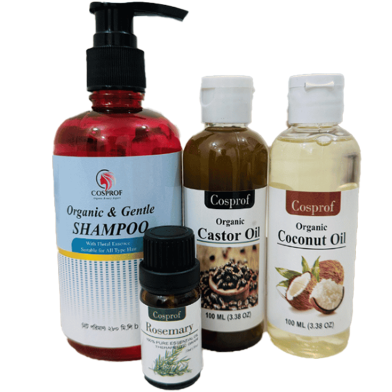 Cosprof Hair Oil and Shampoo 4 in 1 Combo (Organic Shampoo 280 ml, Castor Oil 100 ml, Coconut Oil 100 ml, Rosemary Essential Oil 10 ml) image