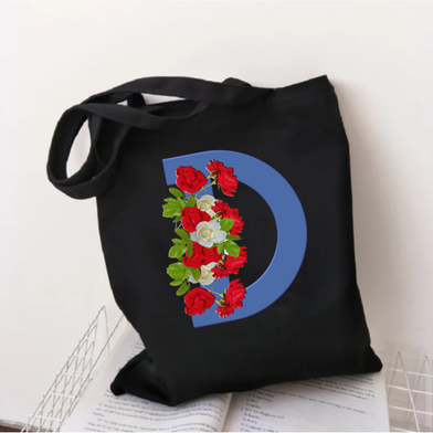 D-Letter Canvas Shoulder Tote Shopping Bag With Flower image