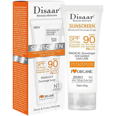 Disaar Sunscreen SPF 90 Instant Protection UVA UVB Foundation PA plus plus plus Oil Free Sunblock Cover Protect Perfectly Moisturizing Coverage Surge 40g image