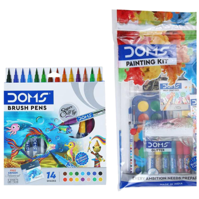 Doms Non-Toxic Brush Pen 14 Assorted Shades Plus 1 Set Painting Kit Combo Pak image