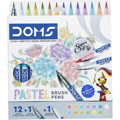 Doms Super Soft Tip Pastel Shades Brush Pen Set | 12 Pastel Shades 1 Silver Shade 1 Blender image