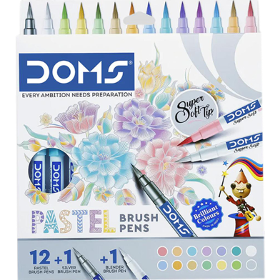 Doms Super Soft Tip Pastel Shades Brush Pen Set | 12 Pastel Shades 1 Silver Shade 1 Blender image