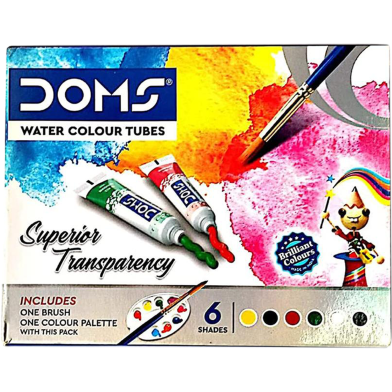 Doms Water Colour Paint 6 Color Tubes box 1pc Brush 1pc Palette for Water Painting image