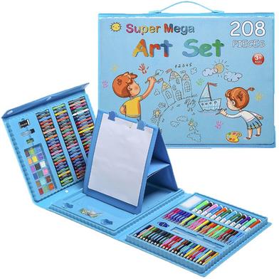 Double Sided Trifold Easel Art Set Portable Art Supplies Drawing Set Box With Oil Pastels Crayons Colored Pencils Markers Paint Brush Sketch Pad For Kids Gift 208 Pcs - Blue image