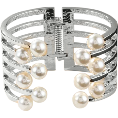Elegant Silver Tone Cuff Bracelet With Pearl Embellishments 1Pcs image