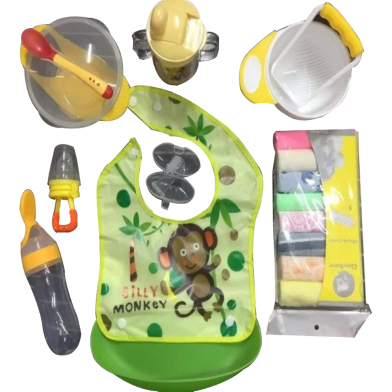 Full Set of 8 Pcs Package Bowl, Mom Pot, Mixing Bowl, Spoon Feeder, Fruit Chusni, Finger Brush, Dining Bib, Towel image