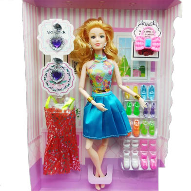 GIRL ANGEL Wonderful Barbie Toy With Dress and Accessories For Kids and Girls (barbie_shoe_dress_ear_skyblue) image