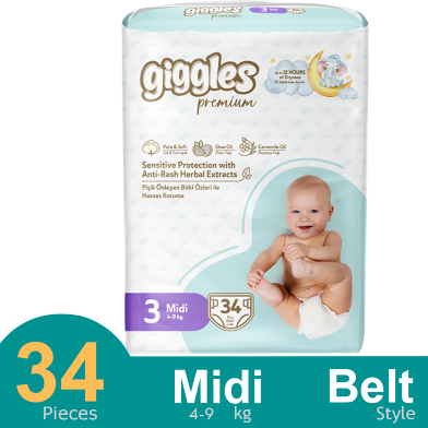 Giggles Premium Belt System Diaper Anti Rash (Midi) (4-9Kg) (34 Pcs) image