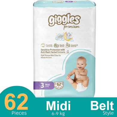 Giggles Premium Belt System Diaper Anti Rash (Midi) (4-9 Kg) (62 Pcs) image