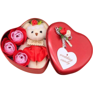 Heart-Shaped Box with Teddy and Roses Valentine Day Best Love Gift -1pcs image