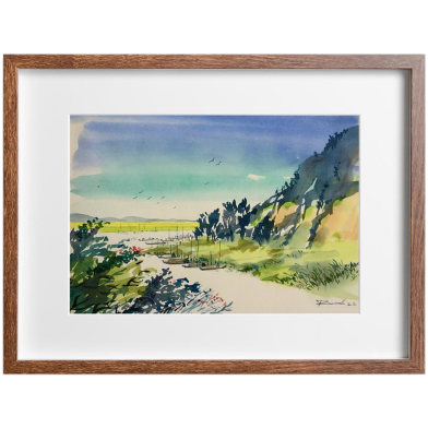 Hill and River Watercolor Painting - (16x13)inches image