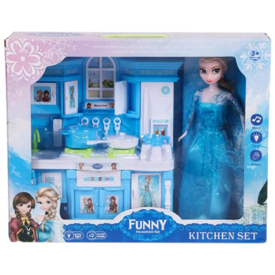 Household Kitchen Play Set With Dazzling Light and Music For Girls With A Beautiful Elsa Doll (boxkitchen_frozen_blue_11) image