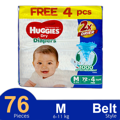 Huggies 2x Drier Dry Belt System Baby Diaper (M Size) (6-11kg) (72plus4pcs) image