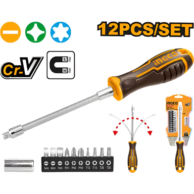 INGCO AKSDFL1208 Flexible Shaft Screwdriver Set 12 Pcs image