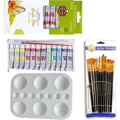 Keep Smiling Artists Acrylic's Color 12x12ml Keep Smiling Keep Smiling 12 Pcs Mix Brush 1 Set Artists Round Color Platte 1 Pcs image