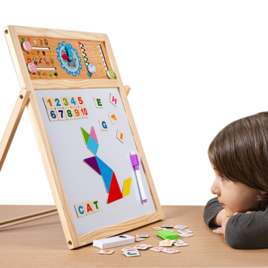 Kids 2 In 1 Wooden Writing Board Easel Black Board And Magnetic White Board Double Sided Revolving Easel Board image