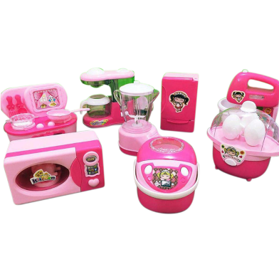 Kitchen and Household Utility 8 Pcs Toy Set for Kids Working Household Appliances (Microwave Oven, JMG, Refrigerator ) Toy for Girls image