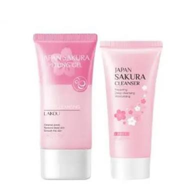LAIKOU Sakura Exfoliating Facial Scrub Foaming Cleanser Face Wash Remove Dead Skin 2pcs image