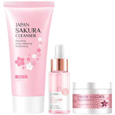 LAIKOU Sakura Skin Care Set Face Cleanser 50g plus Sakura Serum 17ml plus Face Cream 25g Brightening Set-3pcs image