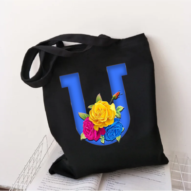 U-Letter Canvas Shoulder Tote Shopping Bag With Flower image