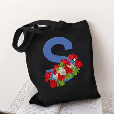 S-Letter Canvas Shoulder Tote Shopping Bag With Flower image