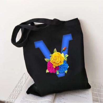 V-Letter Canvas Shoulder Tote Shopping Bag With Flower image