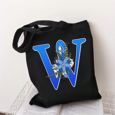 W-Letter Canvas Shoulder Tote Shopping Bag With Flower image