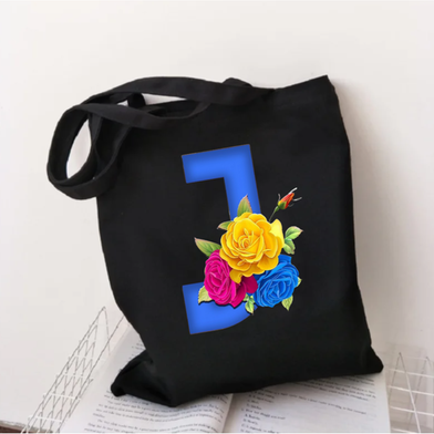 J-Letter Canvas Shoulder Tote Shopping Bag With Flower image