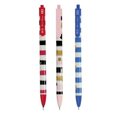 M And G Dots And Stripes Retractable Semi-Gel Pen 0.5mm Blue 3pec image
