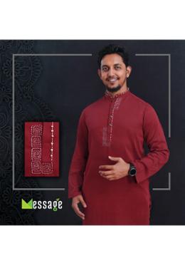 Maroon Soft Cotton Fabric with Geometric Shape Hand Craft Panjabi - XL (chest-46, length 44) image