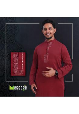 Maroon Soft Cotton Fabric with Geometric Shape Hand Craft Panjabi - L (chest-44, length 42) image