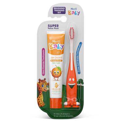 Meril Baby Brushing Training Kit (Combo of a Giraffe Shape Super Soft Bristle Baby Toothbrush and a 45gm Orange Flavour Zero Fluoride Toothpaste) image