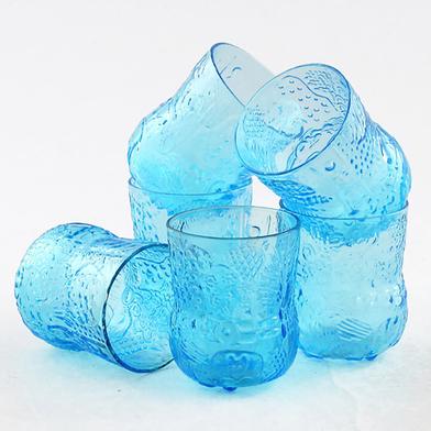 NOVICA Hand Blown Blue Recycled Glass Tumbler Etched Glasses,14 Oz 'Aquamarine Flowers' (Set Of 6) image