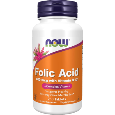 NOW Folic Acid 800 mcg With Vitamin B12 - 250 Tablets -497897926 image