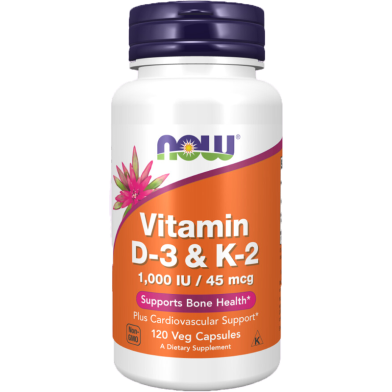 NOW Supplements Vitamin D-3 and K-2 1,000 IU 45 mcg 120 Veg Capsules image