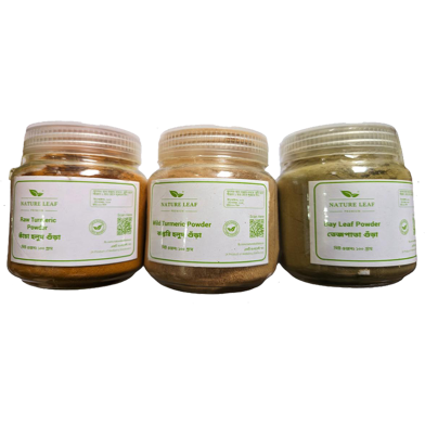 Nature Leaf Kacha Holud Gura 100gm Plus Kosturi Gura 100gm Tejpata Gura 100 gm Total 300gm Savings Combo Pack image