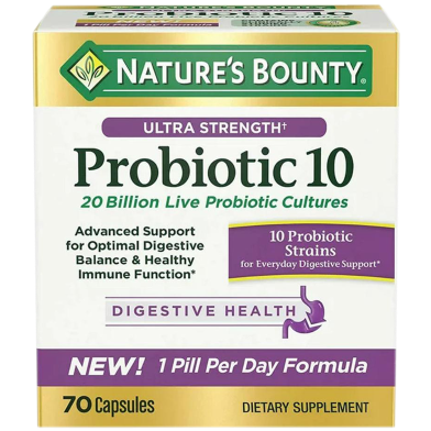 Nature's Bounty Ultra Strength Probiotic 10, Support for Digestive, Immune and Upper Respiratory Health, 70 Counts image