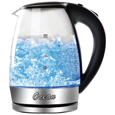 Ocean Electric Kettle 2 Ltr, Glass Kettle with Stainless Steel Filter, Inner Lid and Bottom, with Blue LED Indicator Light, Auto Shut Off and Boil Dry Protection, Cordless,BPA Free 1500W image