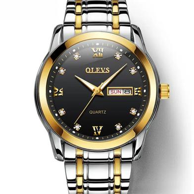 Olevs Golden And Silver Two Tone Stainless Steel Analoge Wrist Watch For Men - Black And Silver And Golden image