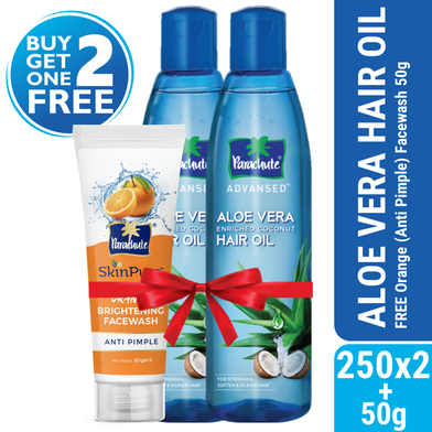 Parachute Hair Oil Advansed Aloe Vera Enriched Coconut 250ml Double Pack (FREE Orange Facewash - ANTI PIMPLE - 50gm) image