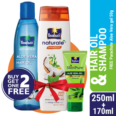 Parachute Hair Oil Advansed Aloe Vera Enriched Coconut 250ml Parachute Naturale Shampoo Anti Hair Fall 170ml (Free SkinPure Aloe Vera Gel 50g) image